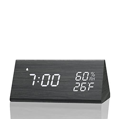 Black Digital Alarm Clock with Wooden LED Display - 3 Alarm Settings, Humidity & Temperature Detection - Wood-Designed Electric Clock for Bedroom and Bedside