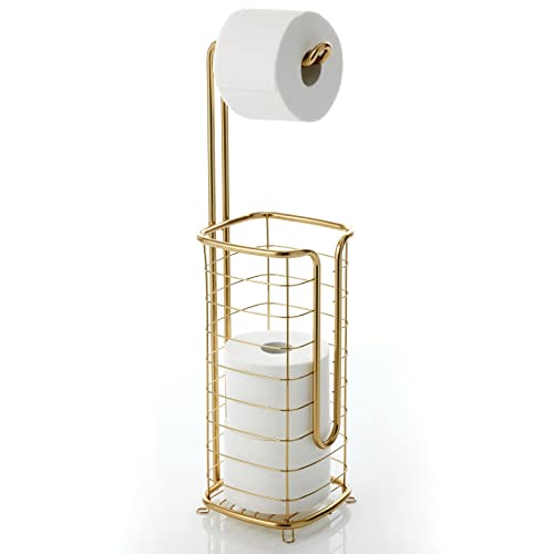 mDesign Steel Free Standing Toilet Paper Holder Stand and Dispenser with Storage for Bathroom, Powder Room - Holds 3 Mega Rolls of Toilet Tissue - Omni Collection - Soft Brass