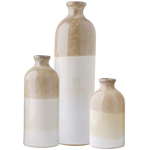 TERESA'S COLLECTIONS Large Modern Farmhouse Ceramic Vase, Home Décor Accents, Rustic Beige White Decorative Flower Vase for Centerpiece, for Pampas Grass, Shelf, Table, Mantel, Living Room, 12" -3PCs