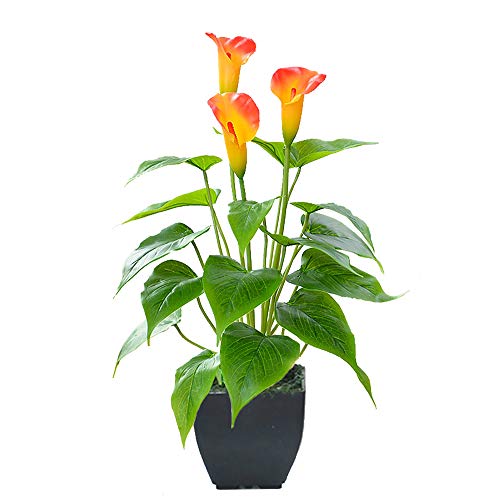 Artificial Flower Plants Calla Lily Faux Small Potted Plant with Black Pot Fake Bonsai Flower for Home, Office, Indoor and Outdoor Occasions Decor (Orange Fake Flower)