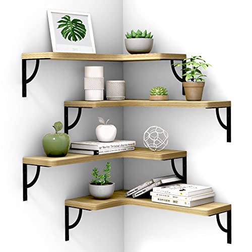 Canupdog Corner Floating Shelves Wall Mounted Set of 4, Wood Display Storage Wall Shelves for Living Room, Bedroom, Office, Bathroom Kitchen & Decoration