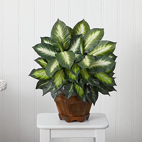 Nearly Natural Triple Golden Dieffenbachia with Wood Vase, Green, 20" x 18" x 22"