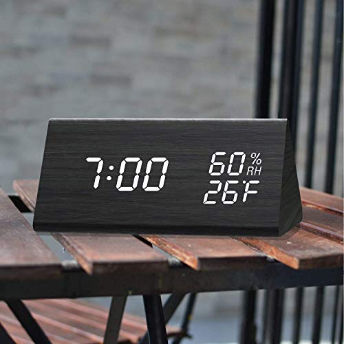 Black Digital Alarm Clock with Wooden LED Display - 3 Alarm Settings, Humidity & Temperature Detection - Wood-Designed Electric Clock for Bedroom and Bedside