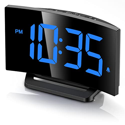 Modern Curved Digital Alarm Clock for Bedrooms - Blue LED Numbers, Adjustable Brightness, Multiple Alarms, Snooze, Power-Off Memory - 12/24H Bedside Clock with Sleek Design