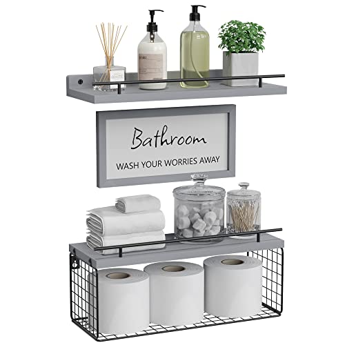 WOPITUES Floating Shelves with Bathroom Wall Décor Sign, Wood Floating Bathroom Shelves Over Toilet with Toilet Paper Storage Basket Set of 3, Floating Shelf with Guardrail for Wall Décor–Grey