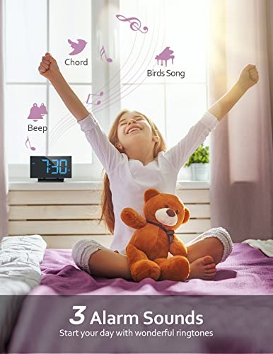 Modern Curved Digital Alarm Clock for Bedrooms - Blue LED Numbers, Adjustable Brightness, Multiple Alarms, Snooze, Power-Off Memory - 12/24H Bedside Clock with Sleek Design