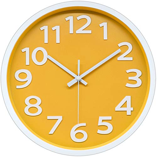 AROMUSTIME 12 Inch Modern Wall Clock Silent Non-Ticking Battery Operated 3D Numbers Bright Color Dial Face Wall Clock for Home/Office Decor,Yellow