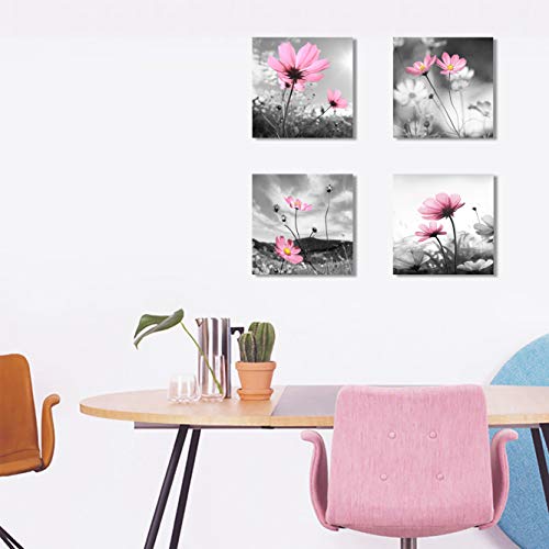 Yang Hong Yu Pink Flower Wall Art for Women Girls Bedroom Peacock Flower Abstract Canvas Painting Artistic Black and White Prints Picture Decor for Living Room 14x14 Pink Grey