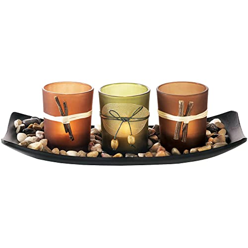 Dawhud Direct Votive Candle Holder, Vintage Decor Flameless Natural Candlescape Set, 3 LED Tea Light Candles, Rocks and Tray (Natural Earth Tones) Bath Decor Decorative Candles Zen Room Decor Gift