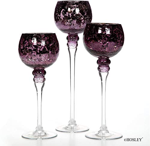 Hosley Set of 3 Crackle Purple Glass Tealight Holders - 12 Inch, 10 Inch, 9 Inch Ideal for Weddings Special Events Parties Also Makes a Great Gift