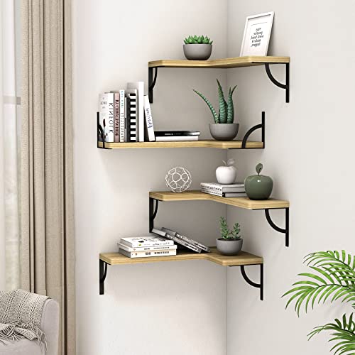 Canupdog Corner Floating Shelves Wall Mounted Set of 4, Wood Display Storage Wall Shelves for Living Room, Bedroom, Office, Bathroom Kitchen & Decoration