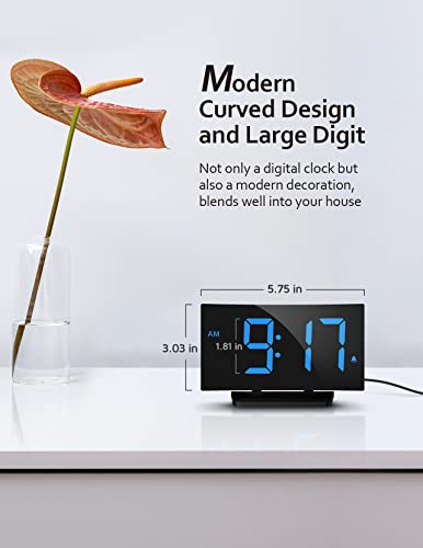 Modern Curved Digital Alarm Clock for Bedrooms - Blue LED Numbers, Adjustable Brightness, Multiple Alarms, Snooze, Power-Off Memory - 12/24H Bedside Clock with Sleek Design