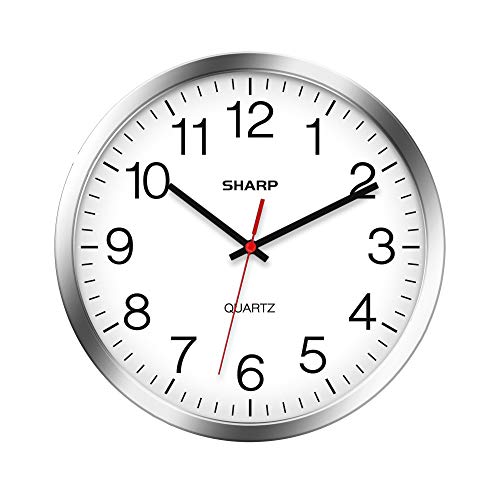 SHARP Wall Clock – Silver/Chrome, Silent Non Ticking 10 Inch Quality Quartz Battery Operated Round Easy to Read Home/Kitchen/Office/Classroom/School Clocks, Sweep Movement