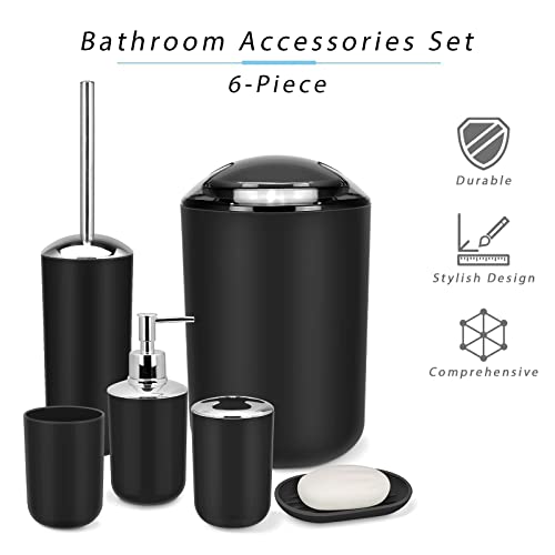 IMAVO Bathroom Accessories Set, 6-Piece Plastic Gift Set, Toothbrush Holder, Toothbrush Cup, Soap Dispenser, Soap Dish, Toilet Brush Holder, Trash can (Black)