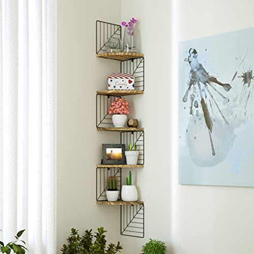 Love-KANKEI Corner Shelf Wall Mount of 5 Tier Rustic Wood Floating Shelves Wall Shelves for Bedroom Living Room Bathroom Kitchen Office and More Carbonized Black