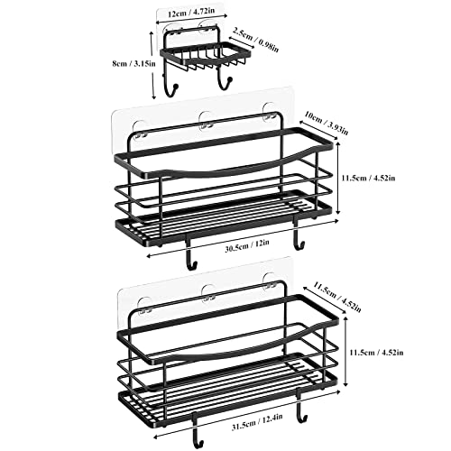 ODesign Adhesive Shower Caddy Basket Shelf with 4 Hooks for Shampoo Conditioner Razor Soap Dish Holder Kitchen Bathroom Organizer No Drilling Wall Mounted Stainless Steel Rustproof 3 Pack - Black