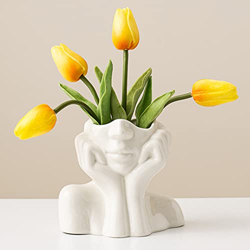 DHYXZCA White Ceramic Face Vase, Female Form Head Half Body Bust Vases Boho Feminist Minimalism Decorative Modern Nordic Style Flower Vase for Home Living Room Office Book Shelf Decor (Medium)