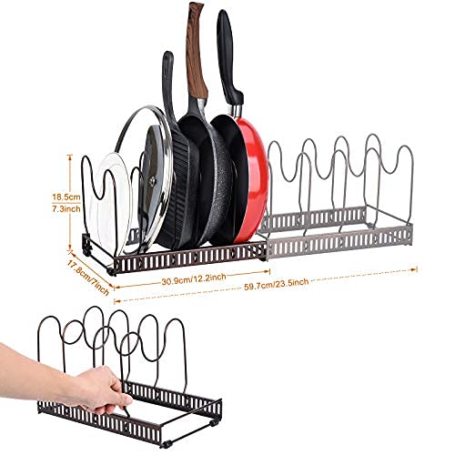 Toplife Expandable Pans Organizer Rack,10 Adjustable Compartments, Pantry Cabinet Bakeware Lid Plate Holder, Black