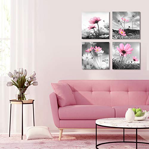 Yang Hong Yu Pink Flower Wall Art for Women Girls Bedroom Peacock Flower Abstract Canvas Painting Artistic Black and White Prints Picture Decor for Living Room 14x14 Pink Grey