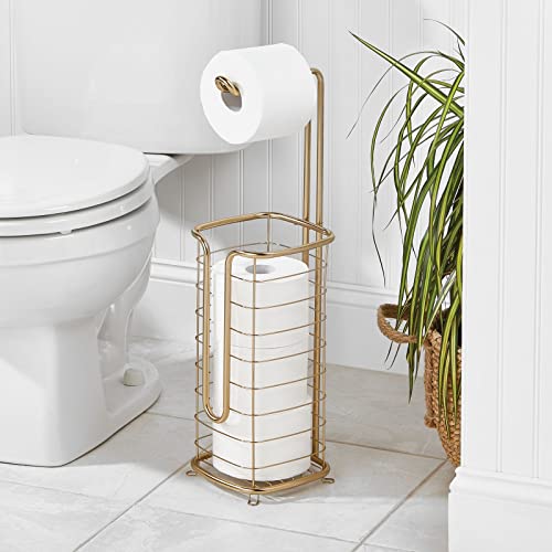 mDesign Steel Free Standing Toilet Paper Holder Stand and Dispenser with Storage for Bathroom, Powder Room - Holds 3 Mega Rolls of Toilet Tissue - Omni Collection - Soft Brass