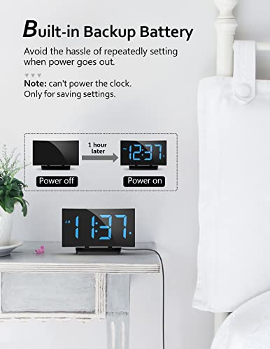 Modern Curved Digital Alarm Clock for Bedrooms - Blue LED Numbers, Adjustable Brightness, Multiple Alarms, Snooze, Power-Off Memory - 12/24H Bedside Clock with Sleek Design