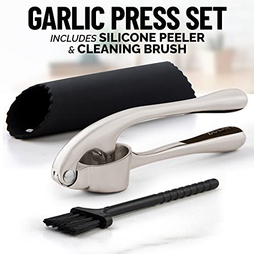 Zulay Kitchen Premium Garlic Press with Soft, Easy to Squeeze Handle - Includes Silicone Garlic Peeler & Cleaning Brush - 3 Piece Garlic Mincer Tool - Sturdy Easy to Clean Garlic Crusher (Silver)