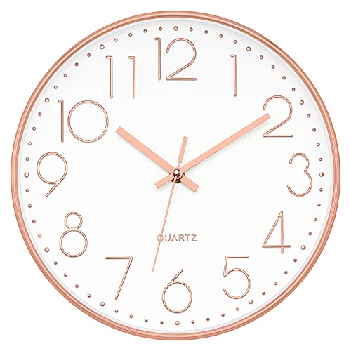 Add a Touch of Modern Sophistication with Foxtop 12-Inch Non-Ticking Silent Wall Clock - Battery Operated Round Quartz Clock in Rose Gold