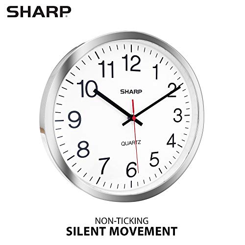 SHARP Wall Clock – Silver/Chrome, Silent Non Ticking 10 Inch Quality Quartz Battery Operated Round Easy to Read Home/Kitchen/Office/Classroom/School Clocks, Sweep Movement