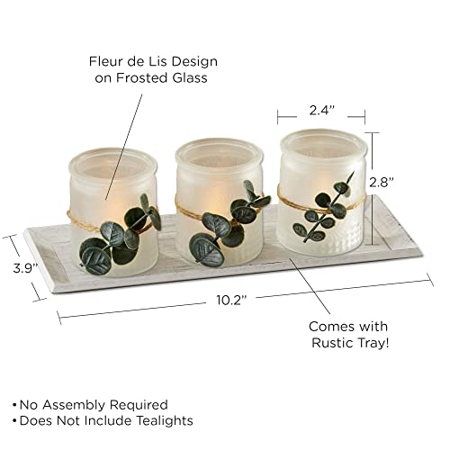 Kate Aspen Frosted Glass Votive Candle Holders & Tray Set, Farmhouse Decor, Shelf Decor, Room Decoration Accent, Table Decor, Set of 3 with Tray (00234NA)