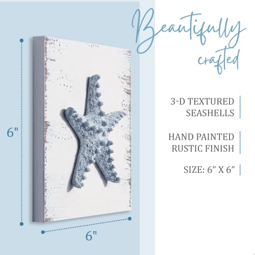 TideAndTales Beach Decor Seashell Wall Art - (Set of 4) Textured 3D Shells and Starfish Decorations for Home or Beach House, Rustic Ocean Theme Coastal Bedroom or Bathroom Wall Decor 6" x 6"