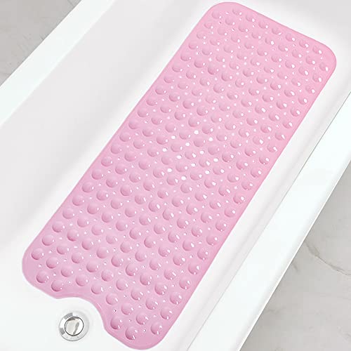 Linoows Bathtub and Shower Mats, Extra Long Non-Slip Bath Mat 39 x 16 Inch, Machine Washable Bath Tub Mat with Suction Cups & Drain Holes for Bathroom, Pink