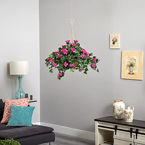 Nearly Natural Bougainvillea Basket Silk 1 Artificial Hanging Plant, 32 x 32 x 24, Green, Pink