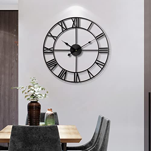 Large Wall Clock Metal Retro Roman Numeral Clock, Modern Round Wall Clocks Almost Silent, Easy to Read for Living Room/Home/Kitchen/Bedroom/Office/School Decor (Black, 16 Inch)