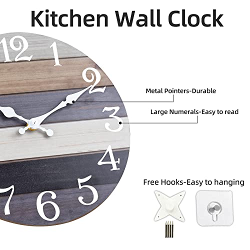 Rustic Wooden Wall Clock - 10 Inch Silent Non-Ticking Battery Operated Clock for Kitchen, Bathroom, Living Room, Bedroom, Office - Country Retro Style