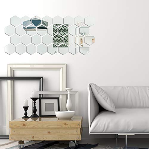 32 Pieces Hexagon Mirror Wall Stickers Removable Acrylic Mirror Setting Hexagon Wall Sticker Decal for Home Room Living Bedroom Decor (10 x 8.6 x 5 cm)