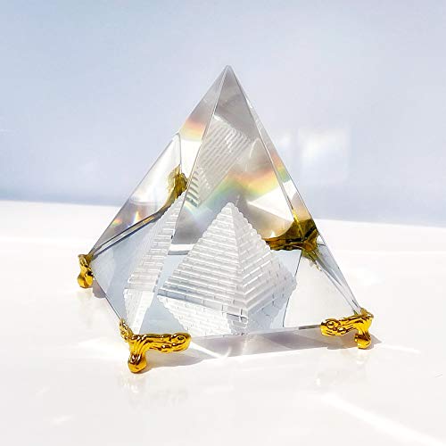 Crystal Pyramid Prism, Feng Shui Crafts Meditation Crystal with Gold Stand for Home Office Art Decor, Pyramids Gift, Stand for Prosperity, Positive Energy and Good Luck(2.36inch/60mm)