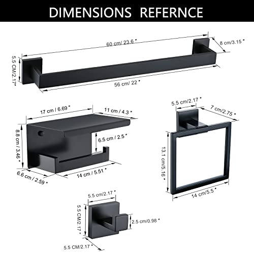 TNOMS Black Towel Bar Set 5-Piece Bathroom Hardware Set Including 23.6 Inch Towel Bar,Towel Ring Towel Hook and Toilet Paper Holder with Shelf,Stainless Steel Bathroom Accessories Set