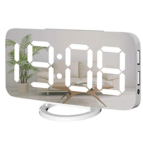 Miowachi Digital Alarm Clock - Large Mirrored LED Display, Snooze, Dim Night Light, 2 USB Charger Ports - Stylish Desk Alarm Clock