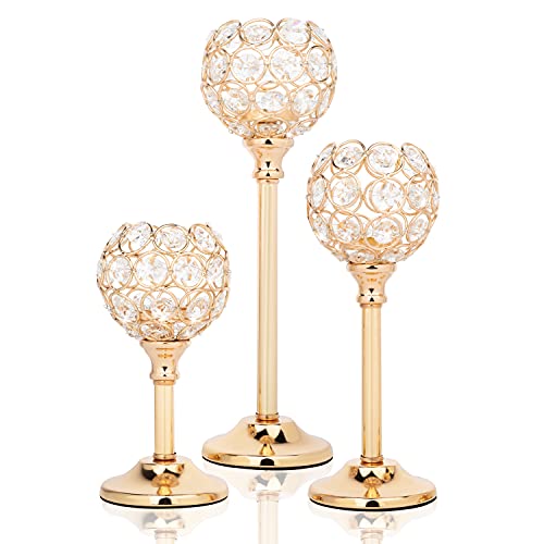 Set of 3 Gold Candle Holders, Luxury Crystal Candlestick Holders for Wedding Table Decor, Dining Table, Bridal Shower, Party Table Centerpiece, Home Decoration Candle Stick Holder