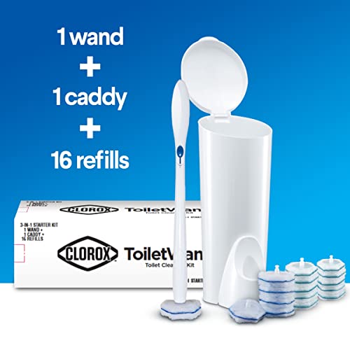 Clorox ToiletWand Disposable Toilet Cleaning Kit, Toilet Brush, Toilet and Bathroom Cleaning System with Storage Caddy and 16 Disinfecting ToiletWand Refill Heads (Package May Vary)