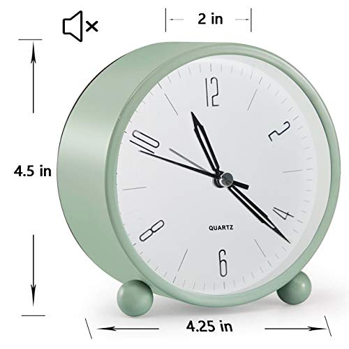 JALL 4-Inch Analog Alarm Clock - Super Silent Non-Ticking Small Clock with Night Light - Battery Operated - Simple Design for Bedroom, Bedside, Desk (Green)