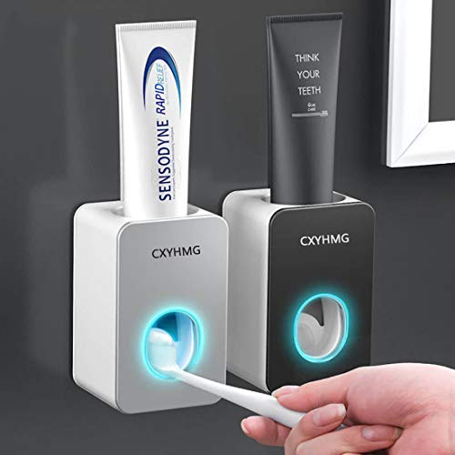 CXYHMG Toothpaste Dispenser, 2 PCS Automatic Toothpaste Squeezer Dispenser for Kids & Family Shower, is Wall Mount Bathroom Accessories with Super Sticky Suction Pad. (Black-Grey)