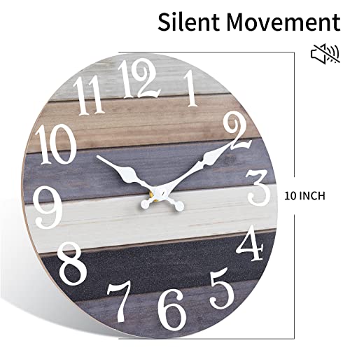 Rustic Wooden Wall Clock - 10 Inch Silent Non-Ticking Battery Operated Clock for Kitchen, Bathroom, Living Room, Bedroom, Office - Country Retro Style