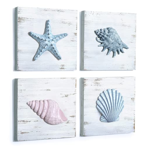 TideAndTales Beach Decor Seashell Wall Art - (Set of 4) Textured 3D Shells and Starfish Decorations for Home or Beach House, Rustic Ocean Theme Coastal Bedroom or Bathroom Wall Decor 6" x 6"