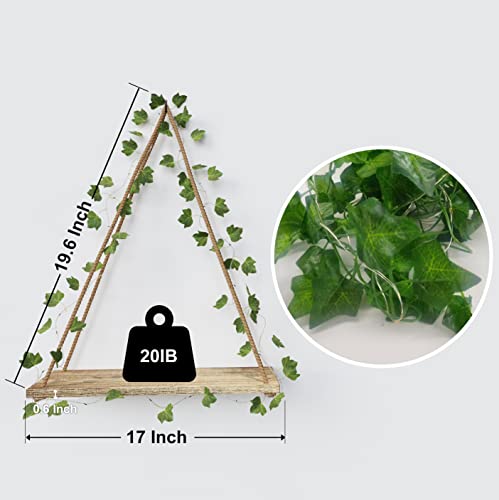 RICHER HOUSE Artificial Ivy LED-Strip Wall Hanging Shelves Set of 2, Macrame Shelf for Bedroom Bathroom Living Room Kitchen, Wood Hanging Plant Shelves for Wall Décor