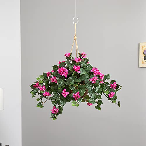 Nearly Natural Bougainvillea Basket Silk 1 Artificial Hanging Plant, 32 x 32 x 24, Green, Pink