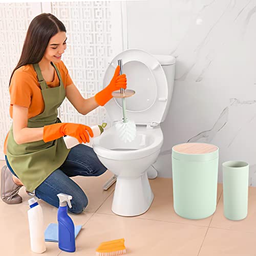 iMucci 8Pcs Pastel Green Bathroom Accessories Set - with Trash Can,Toilet Brush,Toothbrush Holder, Lotion Soap Dispenser, Soap Dish,Toothbrush Cup,Qtip Holder (Bamboo Cover)