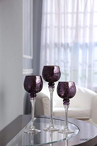 Hosley Set of 3 Crackle Purple Glass Tealight Holders - 12 Inch, 10 Inch, 9 Inch Ideal for Weddings Special Events Parties Also Makes a Great Gift