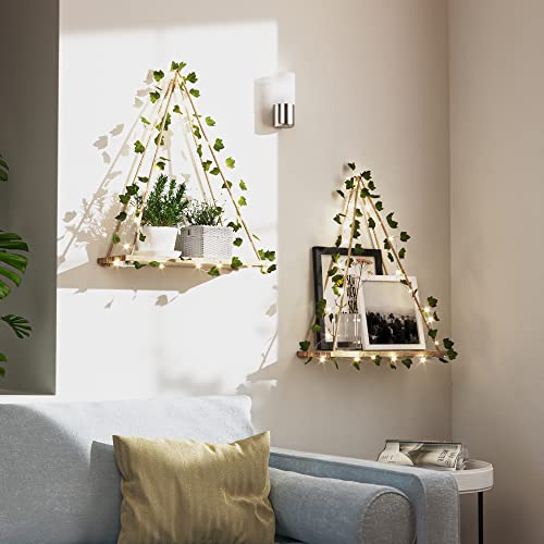 RICHER HOUSE Artificial Ivy LED-Strip Wall Hanging Shelves Set of 2, Macrame Shelf for Bedroom Bathroom Living Room Kitchen, Wood Hanging Plant Shelves for Wall Décor