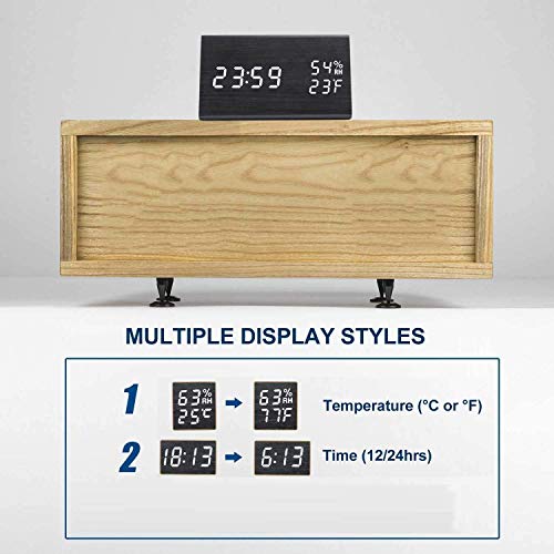 Black Digital Alarm Clock with Wooden LED Display - 3 Alarm Settings, Humidity & Temperature Detection - Wood-Designed Electric Clock for Bedroom and Bedside